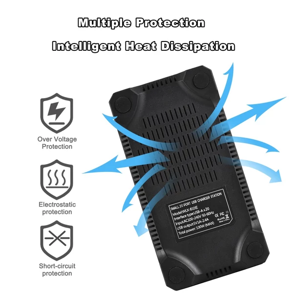 Usb-c töltőblokk több porttal, 20 portos 100w intelligens usb töltő, gyorstöltő, usb-c töltőállomás több eszközhöz, biztonsági védelemmel