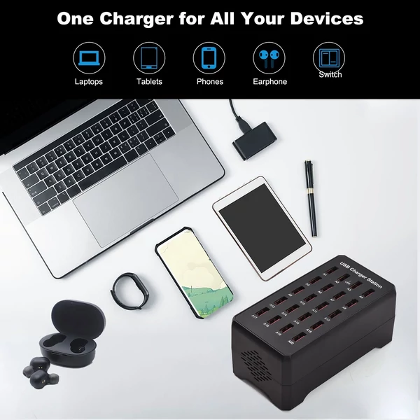 Usb-c töltőblokk több porttal, 20 portos 100w intelligens usb töltő, gyorstöltő, usb-c töltőállomás több eszközhöz, biztonsági védelemmel