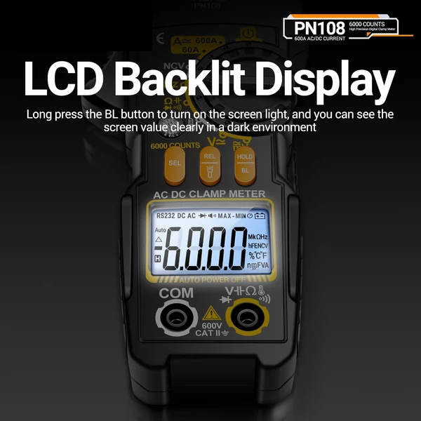 Aneng PN108 digitális lakatfogó feszültség- és árammérő, 6000 számjegyű multiméter LCD kijelzővel, dióda, hőmérséklet, Hz, ohm, kapacitás mérés - Fekete