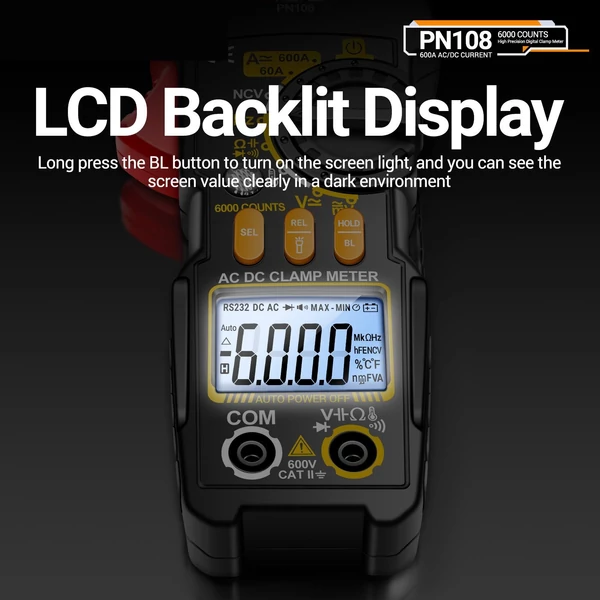 Aneng PN108 digitális lakatfogó feszültség- és árammérő, 6000 számjegyű multiméter LCD kijelzővel, dióda, hőmérséklet, Hz, ohm, kapacitás mérés - Piros