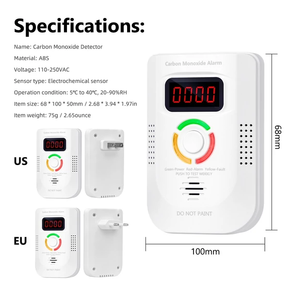 Szén-monoxid érzékelő elektrokémiai szenzorral, digitális kijelzővel, hang- és fényriasztással, LED jelzőfénnyel