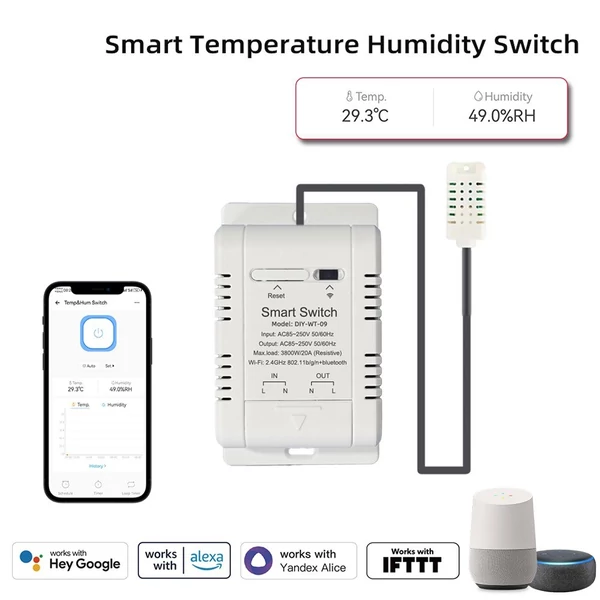 Ewelink wifi hőmérséklet- és páratartalom-kapcsoló, app vezérlés, adatstatisztika, IFTTT, Alexa, Google assistant - 1 m vízálló hőmérséklet-érzékelő