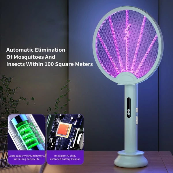 Elektromos légycsapó 2 az 1-ben intelligens rovarirtó USB-s tölthető alappal, összecsukható, 5 rétegű védőhálóval - Zöld