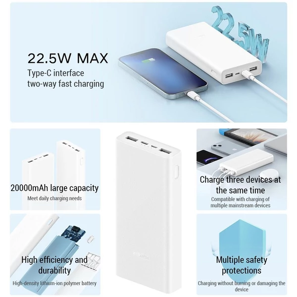 Xiaomi 20000mAh Hordozható Power Bank: Gyors töltés, 3 kimenet, nagy kapacitás, széles kompatibilitás