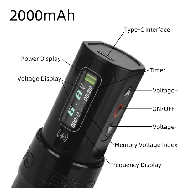 Vezeték nélküli OLED kijelzős, állítható, két akkumulátoros, alumínium tetoválógép USB kábellel