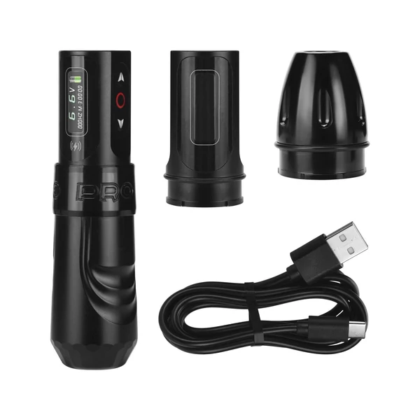 Vezeték nélküli OLED kijelzős, állítható, két akkumulátoros, alumínium tetoválógép USB kábellel