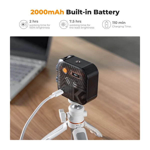 K&F Concept zseblámpa LED videó fény, mágneses, állítható 2500K-9900K, 15 effekt, vlog, szelfi, fotó - Fekete