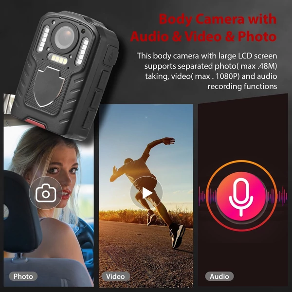 E201 1080P Testkamera hang- és videórögzítéssel, LCD kijelző, éjjellátó, 64GB, rendőrség, futár, utazás