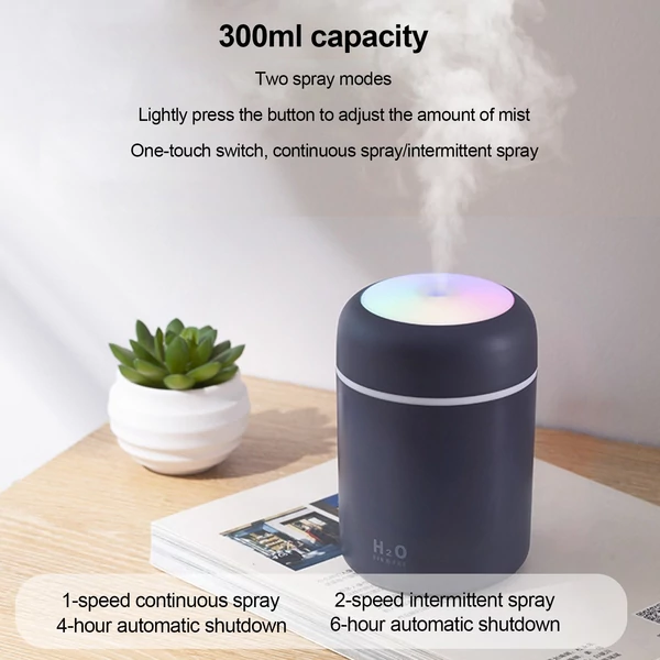 300ml USB párásító, hordozható, színes hangulatvilágítás, folyamatos/szünetes permet, csendes, időzítővel - Szürke