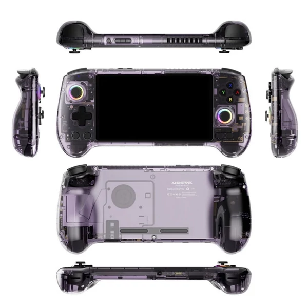 ANBERNIC RG557 játékkonzol, Android 14, 12GB RAM/256GB, 5,48" AMOLED, WiFi 6E, BT 5.3, 8 óra, PS2 emuláció - Áttetsző lila, memória nélkül