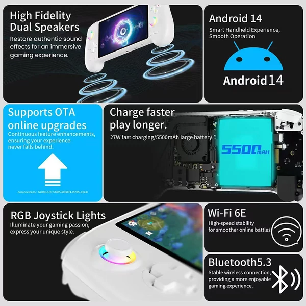 ANBERNIC RG557 játékkonzol, Android 14, 12GB RAM/256GB, 5,48" AMOLED, WiFi 6E, BT 5.3, 8 óra, PS2 emuláció - Áttetsző lila, memória nélkül