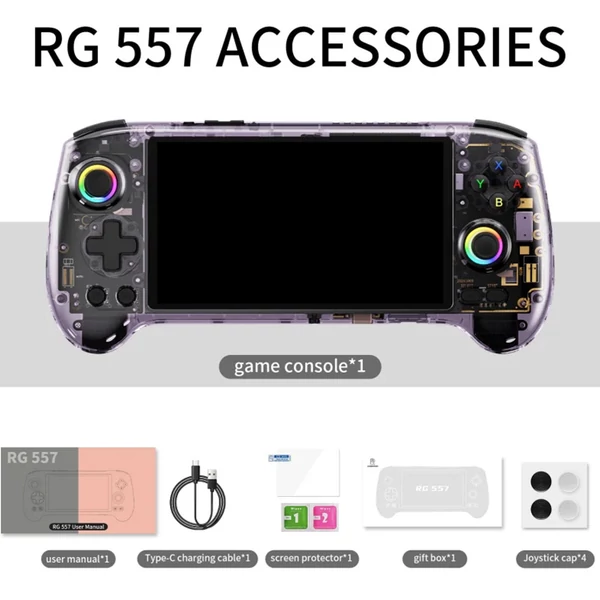 ANBERNIC RG557 játékkonzol, Android 14, 12GB RAM/256GB, 5,48" AMOLED, WiFi 6E, BT 5.3, 8 óra, PS2 emuláció - Áttetsző lila, memória nélkül