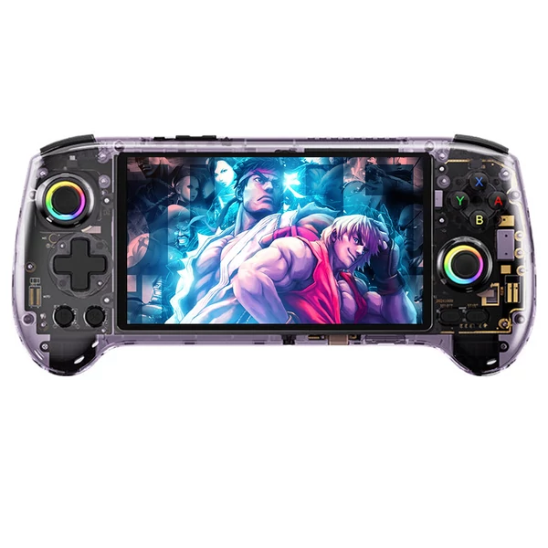 ANBERNIC RG557 játékkonzol, Android 14, 12GB RAM/256GB, 5,48" AMOLED, WiFi 6E, BT 5.3, 8 óra, PS2 emuláció - Áttetsző lila, memória nélkül