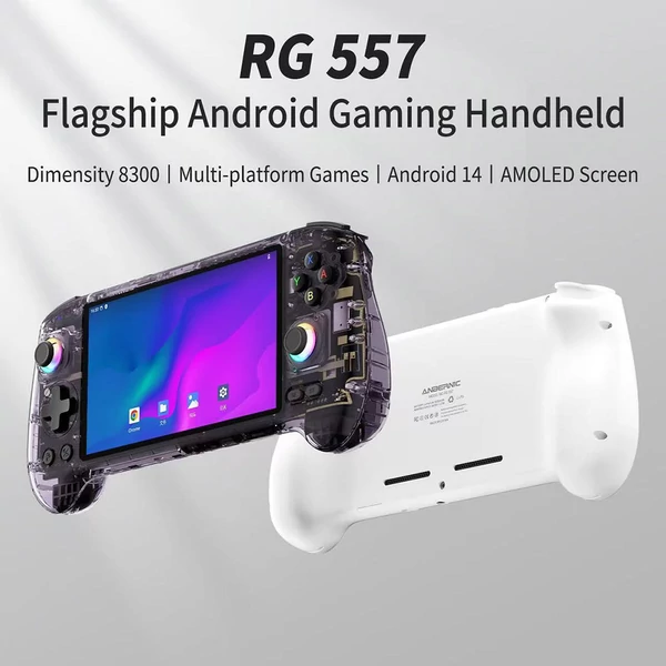 ANBERNIC RG557 játékkonzol, Android 14, 12GB RAM/256GB, 5,48" AMOLED, WiFi 6E, BT 5.3, 8 óra, PS2 emuláció - Áttetsző lila, 128GB memória