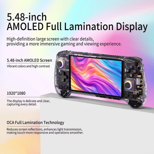 ANBERNIC RG557 játékkonzol, Android 14, 12GB RAM/256GB, 5,48" AMOLED, WiFi 6E, BT 5.3, 8 óra, PS2 emuláció - Áttetsző lila, 256GB memória