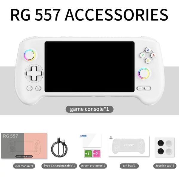 ANBERNIC RG557 játékkonzol, Android 14, 12GB RAM/256GB, 5,48" AMOLED, WiFi 6E, BT 5.3, 8 óra, PS2 emuláció - Fehér, memória nélkül