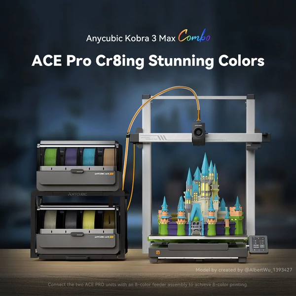 Anycubic Kobra 3 Max Combo, akár 8 szín, ACE Pro színegység, 600mm/s, automata szintezés, 420×420×500mm