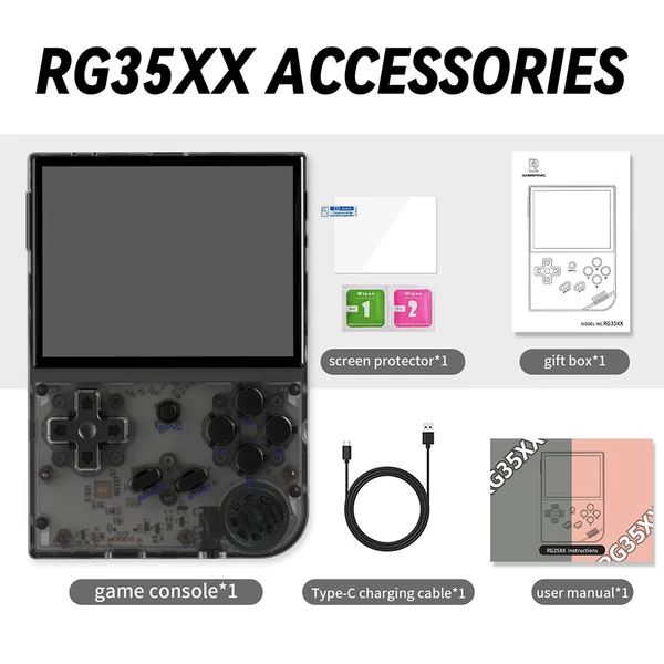 ANBERNIC RG35XX (2024-es) kézi konzol, 10000+ játék, 3,5" IPS, Linux, 7 óra üzemidő - Fekete, 32+64GB