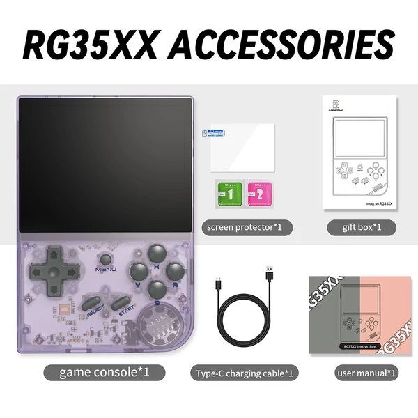 ANBERNIC RG35XX (2024-es) kézi konzol, 10000+ játék, 3,5" IPS, Linux, 7 óra üzemidő - Áttetsző lila, 32+128GB