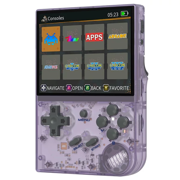 ANBERNIC RG35XX (2024-es) kézi konzol, 10000+ játék, 3,5" IPS, Linux, 7 óra üzemidő - Áttetsző lila, 32+128GB