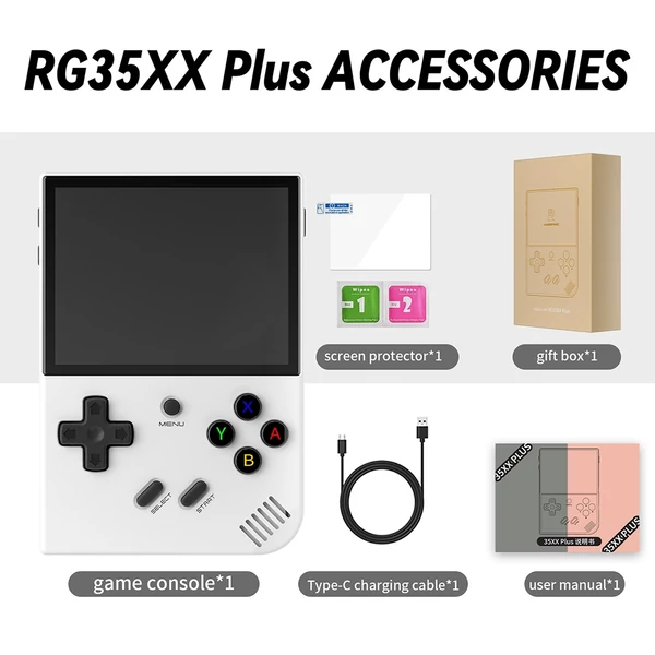 ANBERNIC RG35XX Plus játékkonzol, 5000+ játék, 3300mAh, 8 óra játék, 5G WiFi, Bluetooth - Fehér, 32GB+128GB