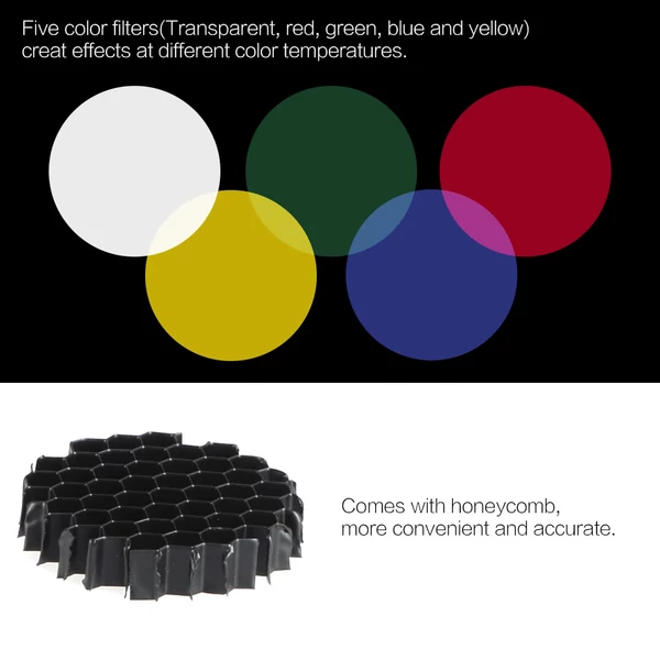 Fém kúpos orr méhsejtráccsal 5 db-os színszűrő készlet Bowens Mount stúdióvakuhoz, monolight fotózáshoz