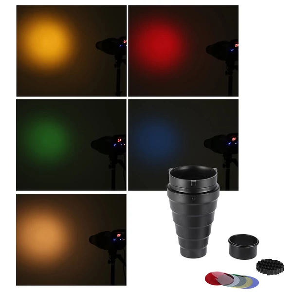 Fém kúpos orr méhsejtráccsal 5 db-os színszűrő készlet Bowens Mount stúdióvakuhoz, monolight fotózáshoz