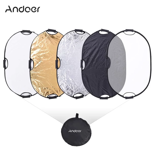Andoer 90*60cm Hordozható, Kézi, Ovális, Összecsukható, 5 az 1-ben Multi Reflektor Arany/Ezüst/Fehér/Fekete/Áttetsző Színekkel Fotóstúdió Fotózáshoz