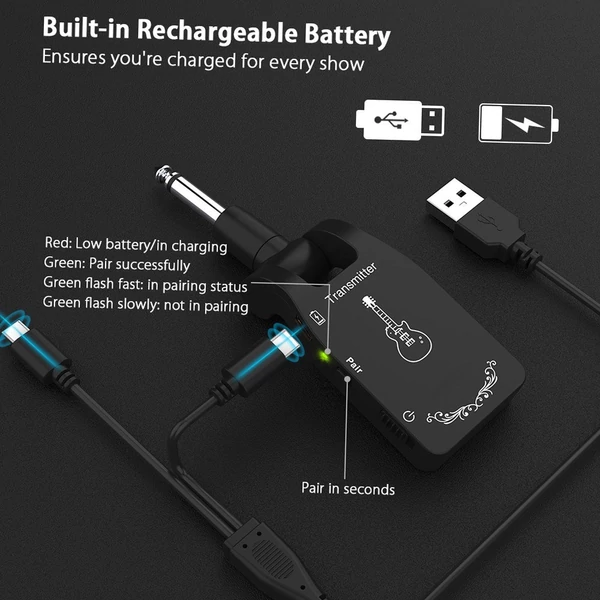 Vezeték nélküli gitárrendszer adó-vevő 2.4G újratölthető 6 csatornás audio elektromos gitárhoz és basszusgitárhoz