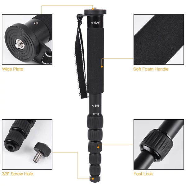Andoer A-555 6 szekciós kompakt hordozható fényképezés alumíniumötvözetből készült egylábú unipod stick Nikon Canon Sony Pentax fényképezőgéphez, max. Terhelhetőség 10kg