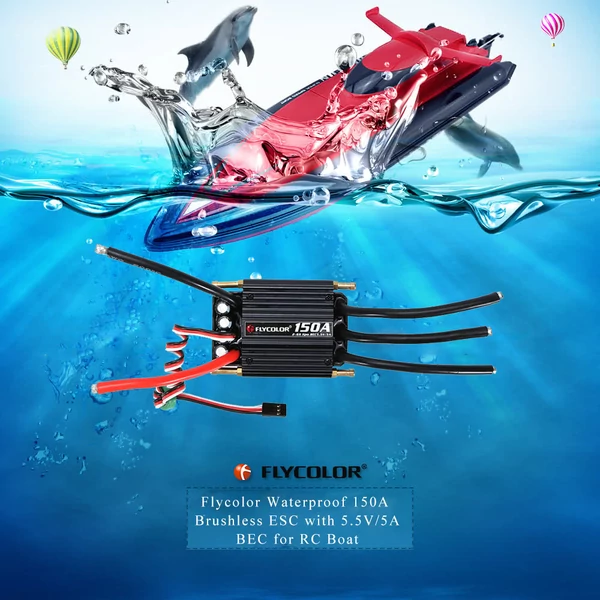 Flycolor vízálló 150A kefe nélküli ESC elektronikus sebességszabályozó 5.5V/5A BEC RC hajóhoz