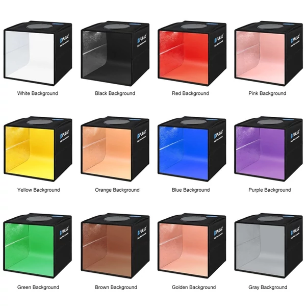 PULUZ SoftBox szett Hordozható összecsukható fotófény-módosító fényképező sátordoboz 12 színű háttérrel