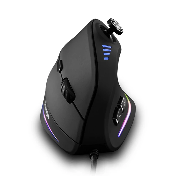 Zelotes C-18 függőleges vezetékes gamer egér, 11 programozható gombbal, állítható, 10000DPI lézermotorral, RGB fénysávval, 128KB beépített memóriával