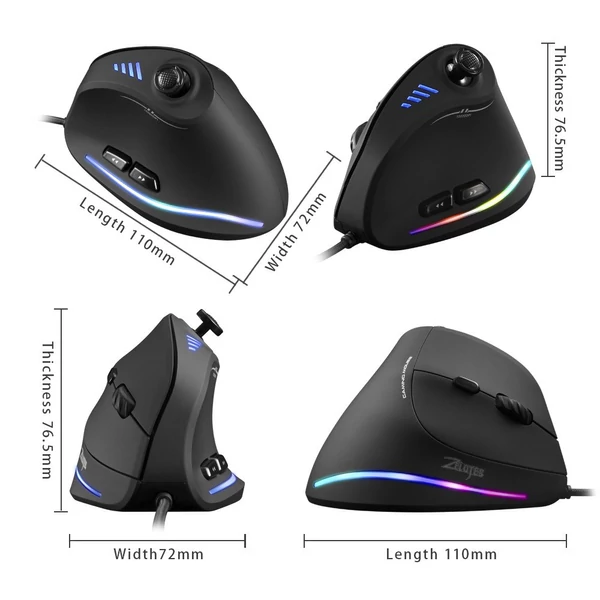 Zelotes C-18 függőleges vezetékes gamer egér, 11 programozható gombbal, állítható, 10000DPI lézermotorral, RGB fénysávval, 128KB beépített memóriával
