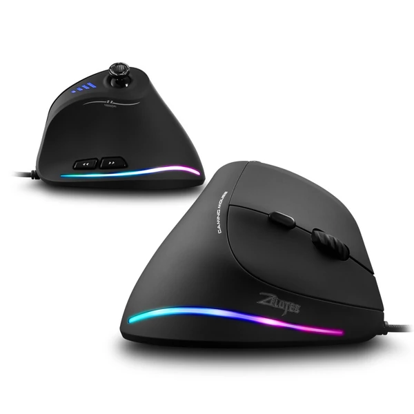 Zelotes C-18 függőleges vezetékes gamer egér, 11 programozható gombbal, állítható, 10000DPI lézermotorral, RGB fénysávval, 128KB beépített memóriával