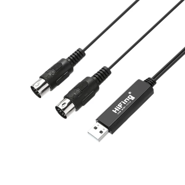 HiFing USB–MIDI átalakító kábel – számítógép és zenei billentyűzet összekötéséhez, 5 tűs, fekete