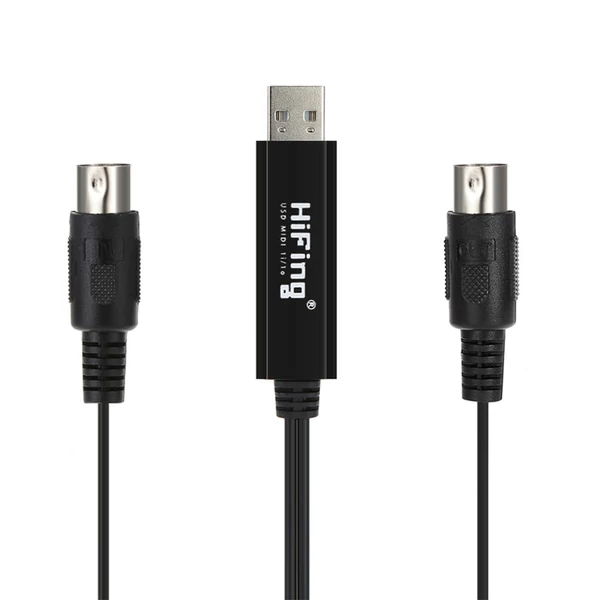 HiFing USB–MIDI átalakító kábel – számítógép és zenei billentyűzet összekötéséhez, 5 tűs, fekete