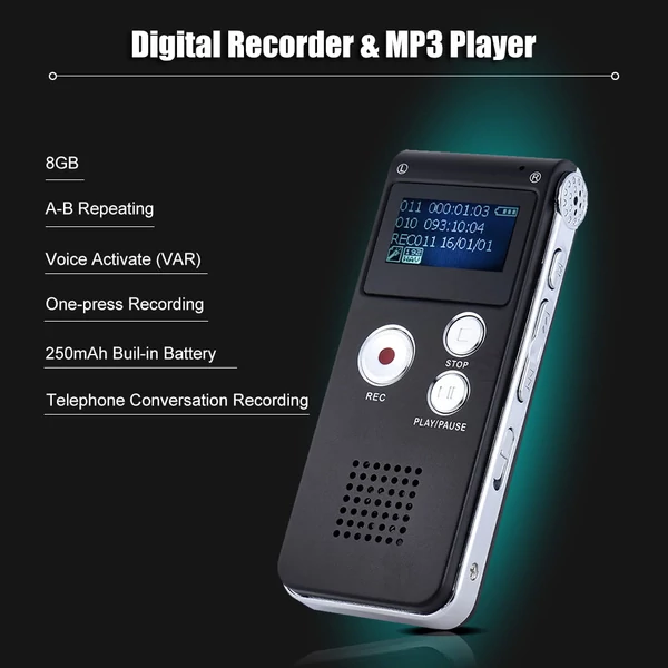 SK-012 8 GB-os intelligens digitális hangrögzítő, diktafon, MP3 zenelejátszó, hangvezérlés, VAR A-B ismétlés