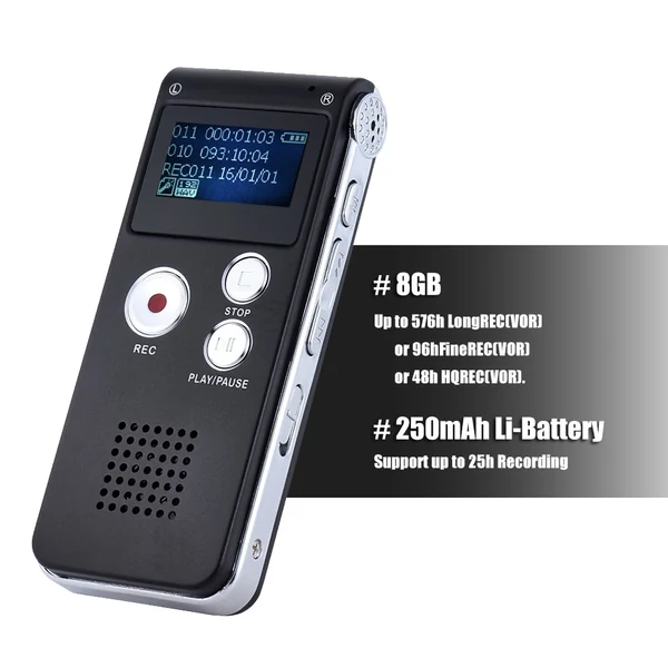 SK-012 8 GB-os intelligens digitális hangrögzítő, diktafon, MP3 zenelejátszó, hangvezérlés, VAR A-B ismétlés