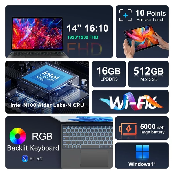Ninkear T40 2 az 1-ben tablet PC, 14" IPS érintőkijelző, Intel N100, 16GB RAM, 512GB SSD, WiFi 6, BT 5.2, 5000mAh, RGB billentyűzet