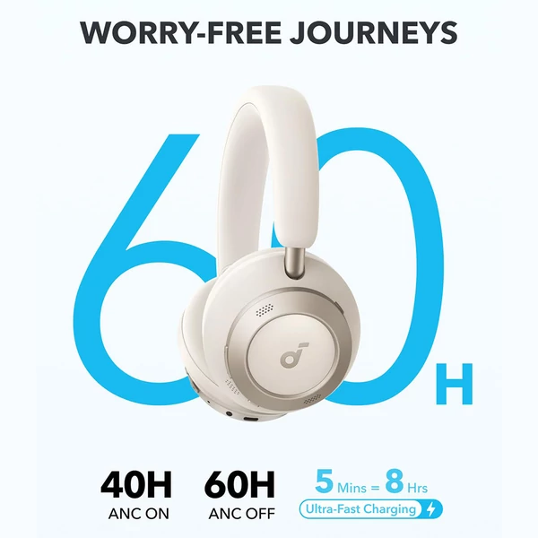 Anker Soundcore Space One Pro fejhallgató, adaptív ANC, 40 óra üzemidő, Hi-Res vezeték nélküli hang, gyorstöltés - Fehér