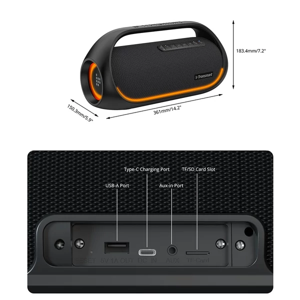 Tronsmart Bang hordozható 60W kültéri IPX6 Bluetooth party hangszóró - Fekete