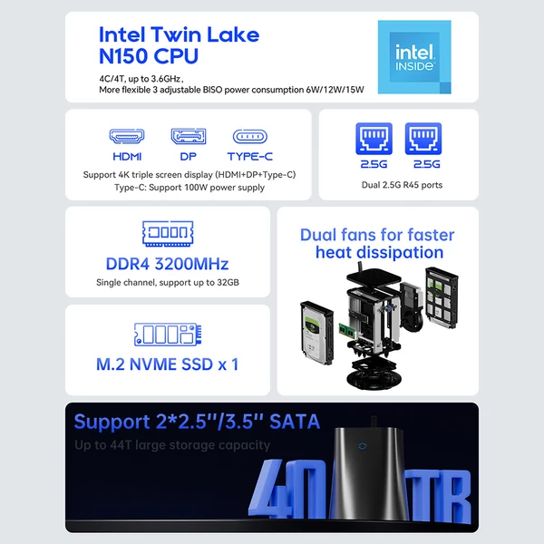 AOOSTAR R1 mini PC/NAS/router, Intel N150, 16GB RAM, 512GB SSD, 4K kijelző, WiFi 6, 2x2.5G LAN, dupla ventilátor