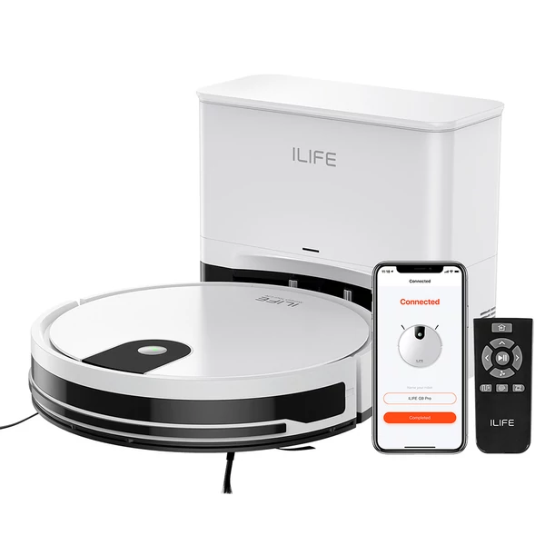 ILIFE G9 Pro robotporszívó önürítő állomással, 2 az 1-ben porszívó és felmosó, 3000Pa, távirányítóval - Fehér