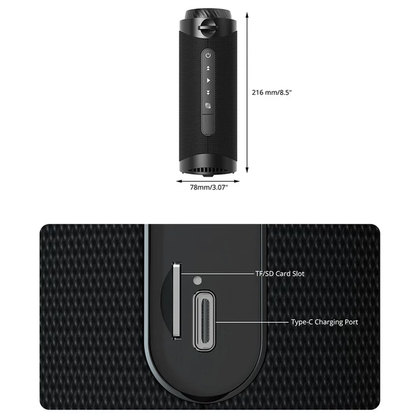 Tronsmart T7 hordozható Bluetooth hangszóró LED fénnyel, 30W, SoundPulse, TWS, IPX7, EQ - Fekete