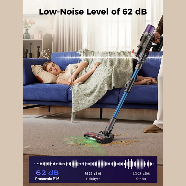 Proscenic P16 vezeték nélküli porszívó, 550W/45Kpa, 55 perc, hajlékony cső, zöld fény, fali töltő, szőnyeghez - Kék