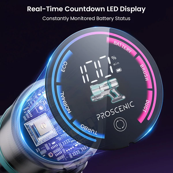 Proscenic P16 vezeték nélküli porszívó, 550W/45Kpa, 55 perc, hajlékony cső, zöld fény, fali töltő, szőnyeghez - Szürke