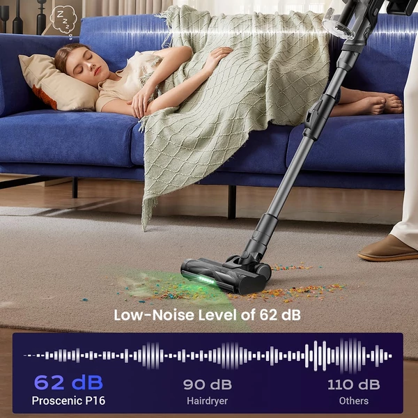 Proscenic P16 vezeték nélküli porszívó, 550W/45Kpa, 55 perc, hajlékony cső, zöld fény, fali töltő, szőnyeghez - Szürke