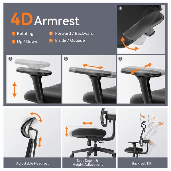 NEWTRAL MAGICH003 ergonomikus irodai szék, automatikus háttámla, állítható fejtámla, 3D karfa - Fekete
