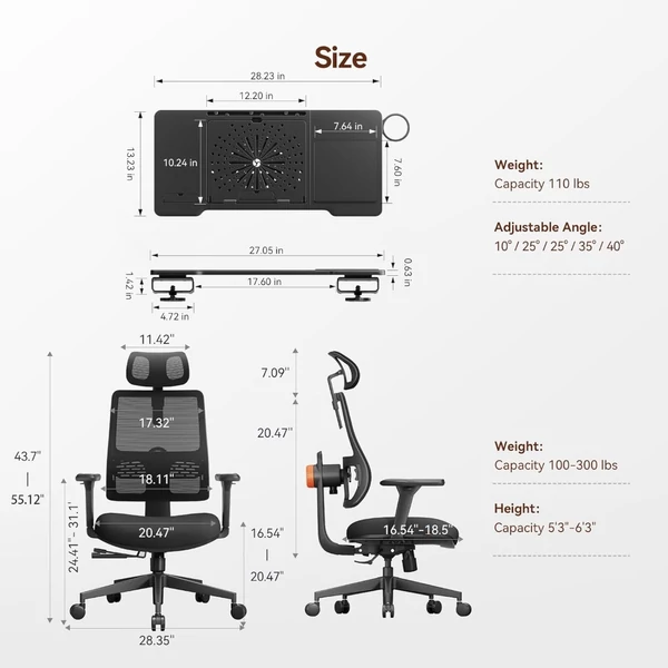 NEWTRAL MAGICH003 ergonomikus irodai szék levehető asztallal, automatikus háttámla, állítható fejtámla, 3D karfa - Fekete
